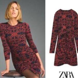 ZARA Ruched Front Bodycon Mini Dress – Black & Red – Size S Long Sleeve Bodycon